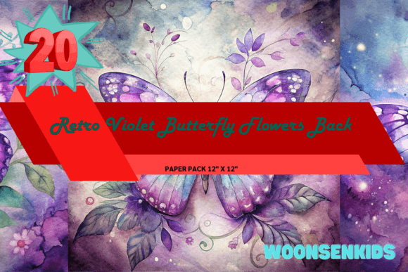 Download New Retro Violet Butterfly Flowers Background Watercolor Png Kdp Digital Paper - Png Collection