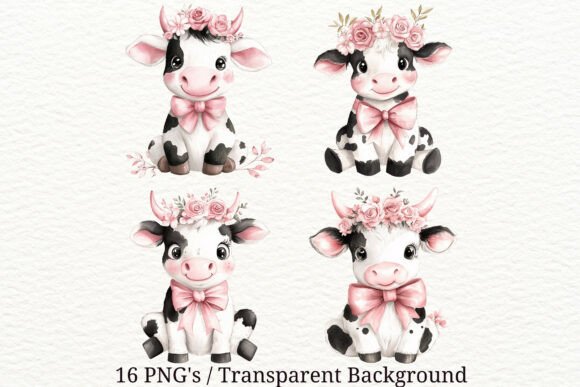 Download 16 PNG Whimsical Cow Floral Clipart Set - Png Collection