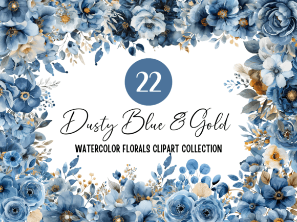 Download Dusty Blue and Gold Floral Clipart PNG - Png Collection
