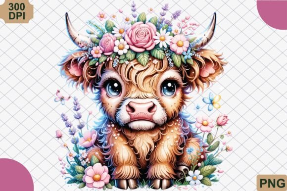 Download Boho Highland Cow and Pink Flowers PNG - Png Collection