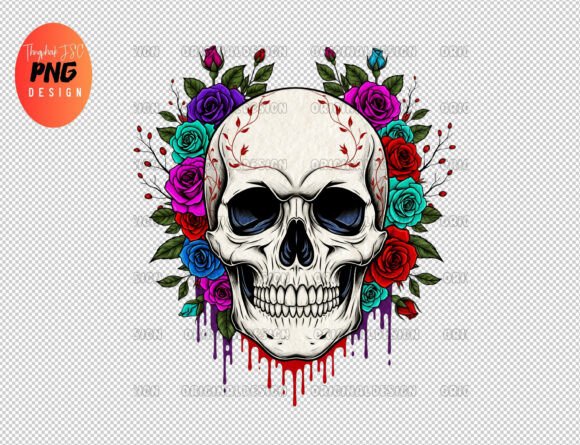 Download Skull with Colorful Roses PNG - Png Collection