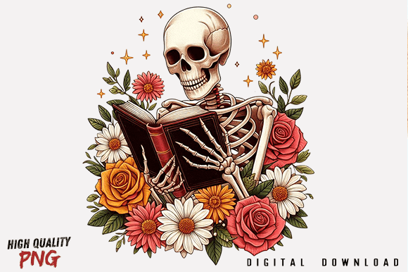 Download Floral Skeleton Reading Book PNG - Png Collection