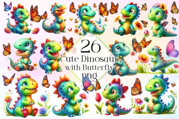 Download Cute Dinosaur with Butterfly Clipart Png - Premium Bundle